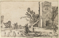 TvB G 3040
<br/>
Bevroren rivier links van een vierkante toren
<br/>
<em>Anoniem (17de eeuw)</em>